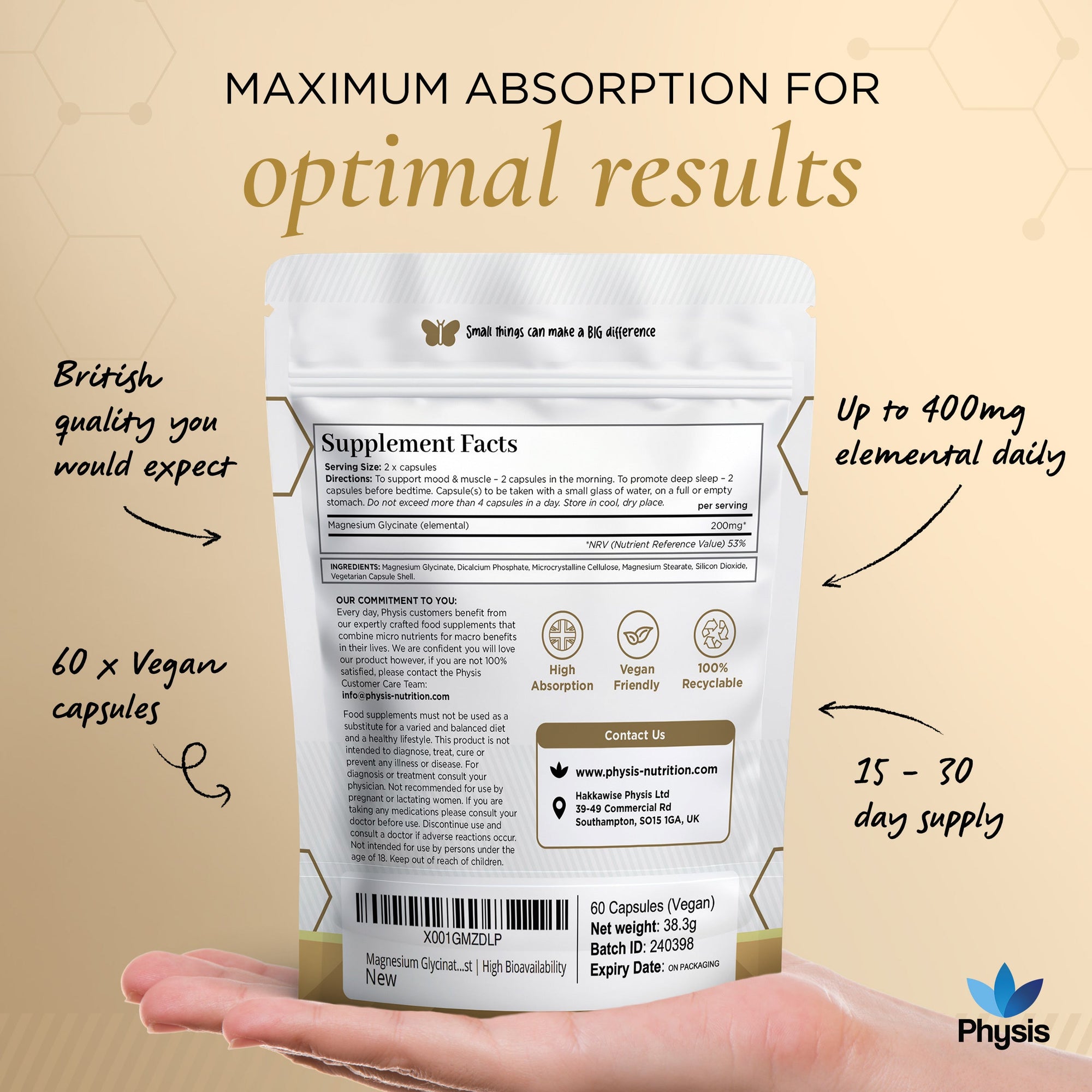 Physis Magnesium Glycinate - Deep Sleep and Anxiety Assist - 60 Capsules