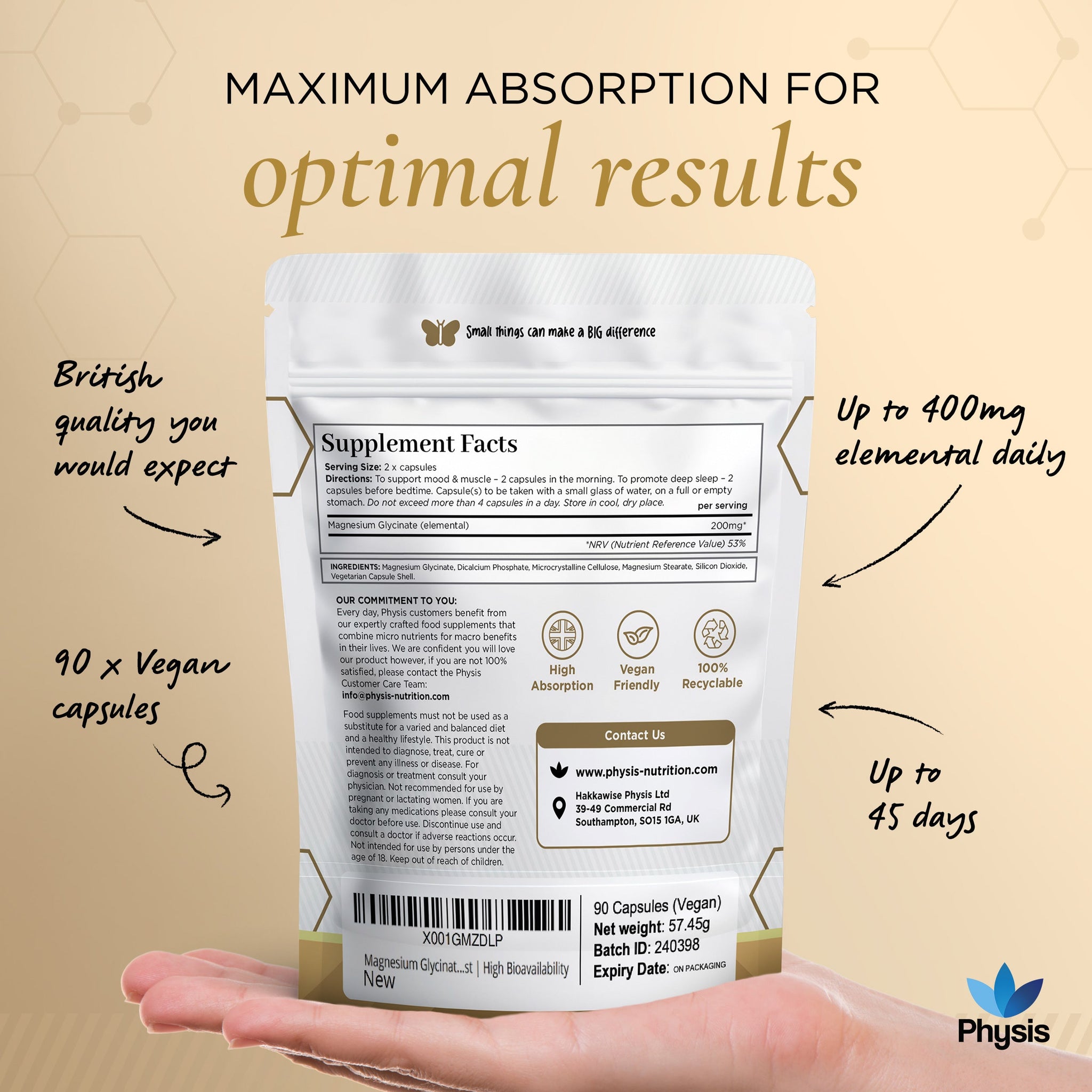 Physis Magnesium Glycinate - Deep Sleep and Anxiety Assist - 90 Capsules