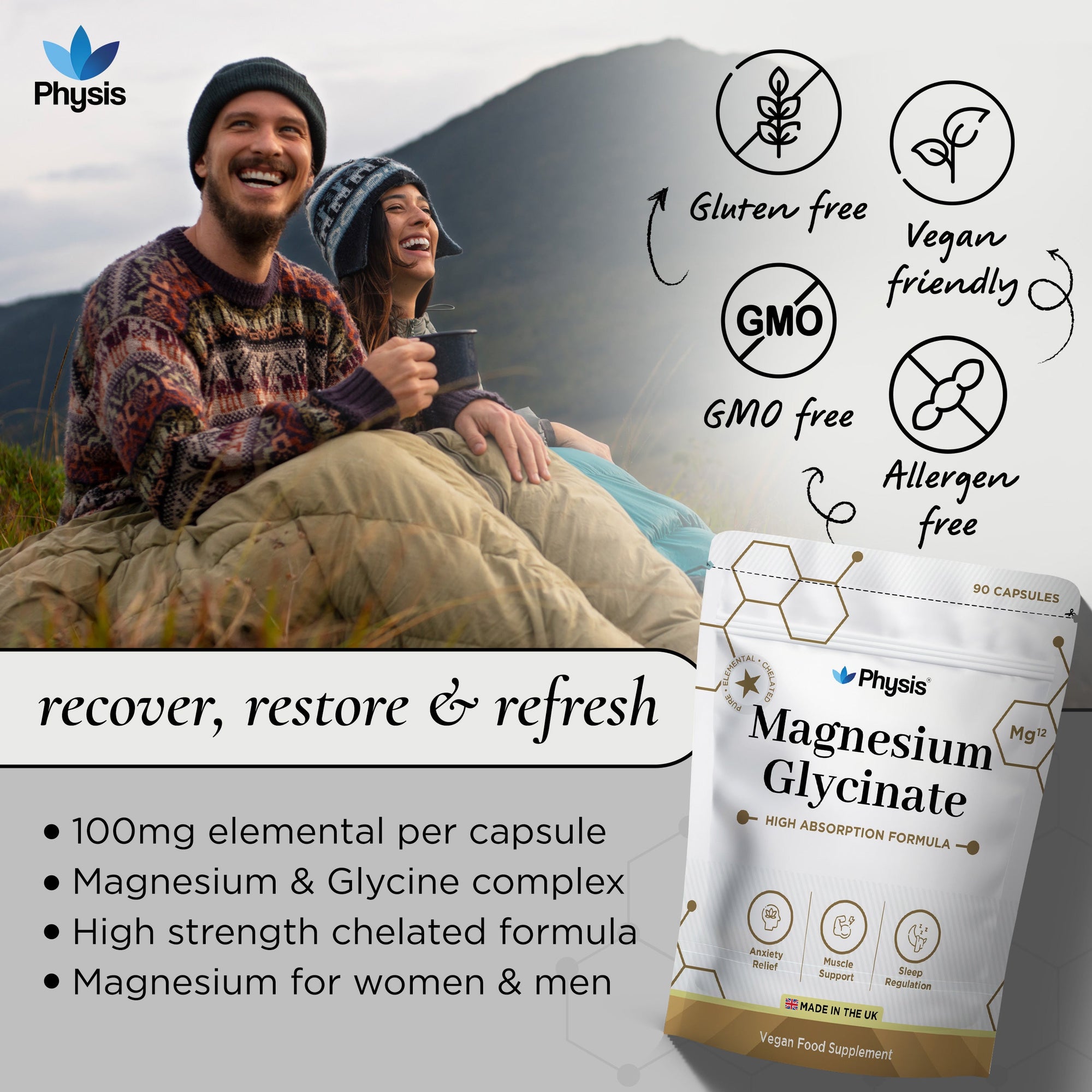 Physis Magnesium Glycinate - Deep Sleep and Anxiety Assist - 90 Capsules