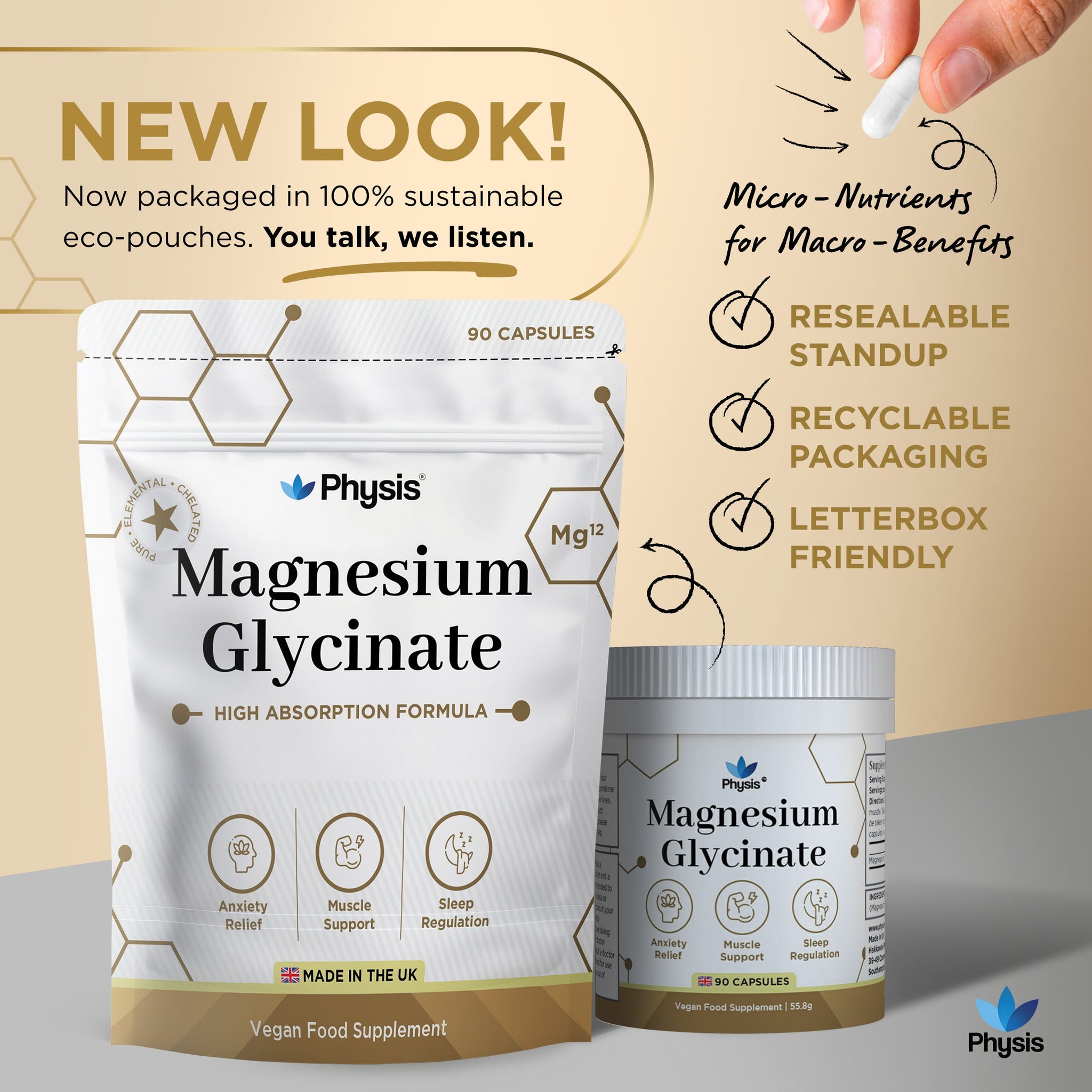 Physis Magnesium Glycinate - Deep Sleep and Anxiety Assist - 90 Capsules