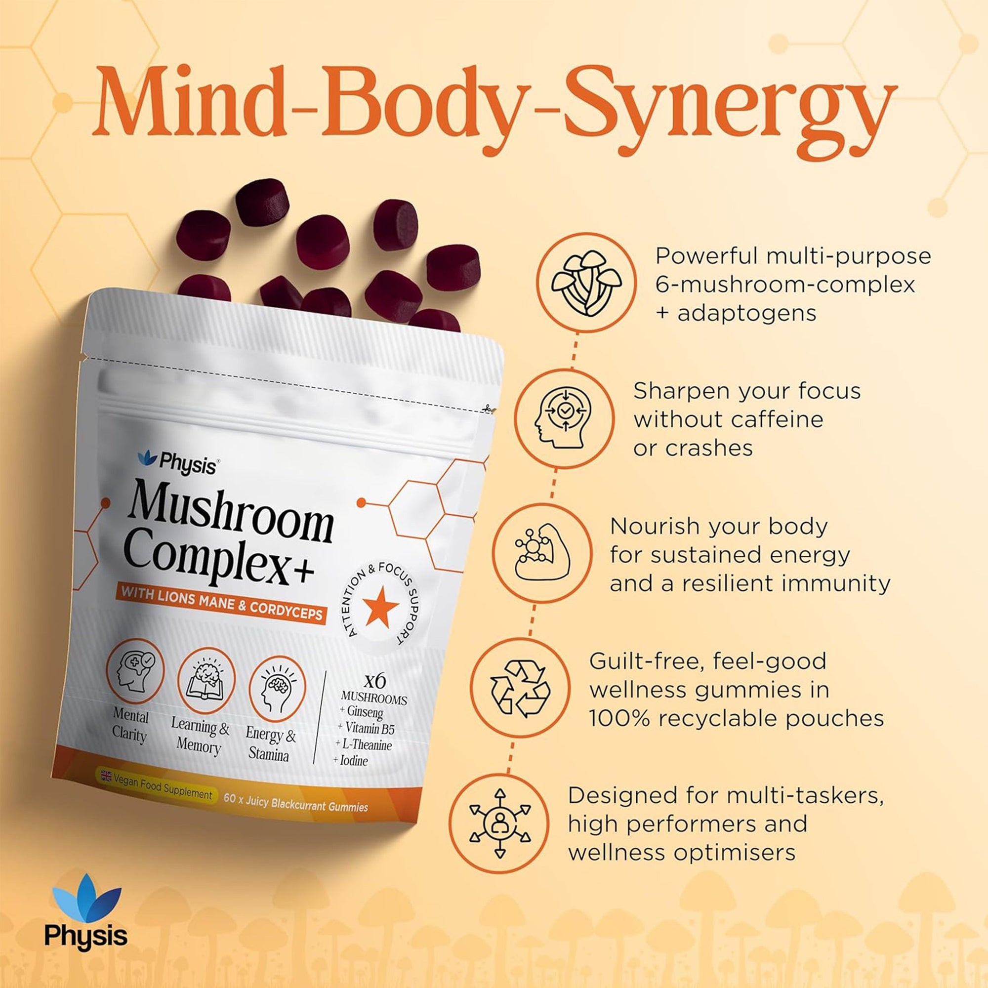 Physis Mushroom Gummies Complex - 60 x Juicy Blackcurrant